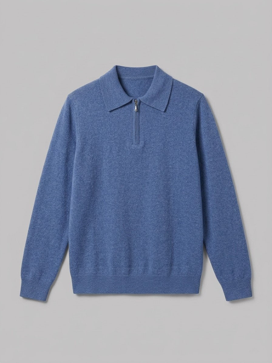 Varallo Men's Cashmere Zip-Neck Knit Polo — denimblue — packshot