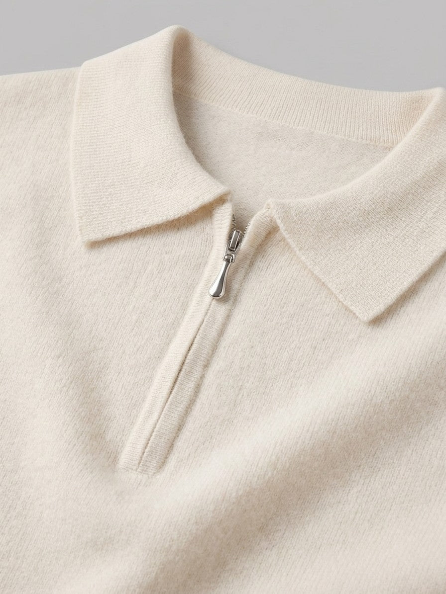 Varallo Men's Cashmere Zip-Neck Knit Polo — ivory — detail
