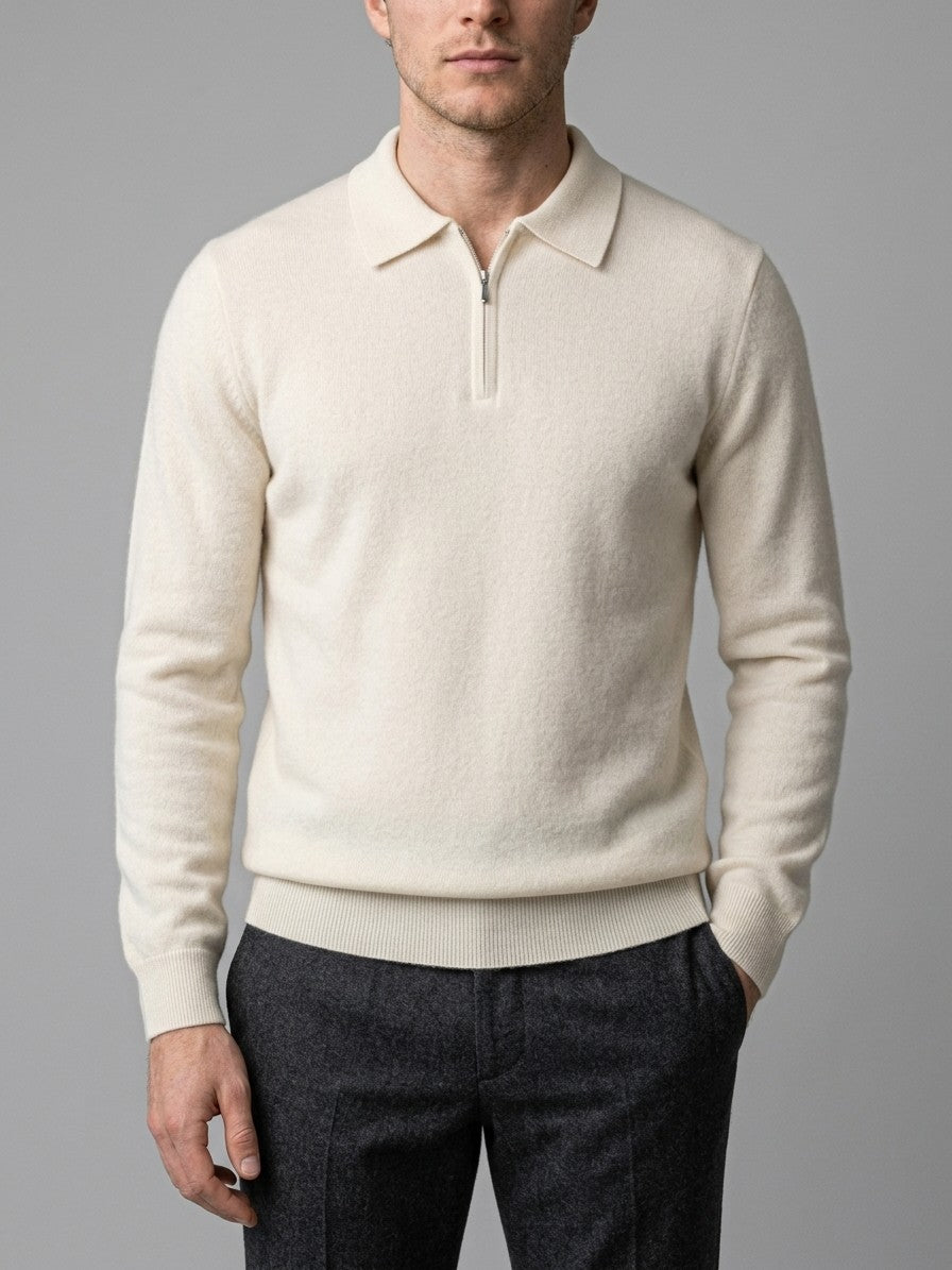 Varallo Men's Cashmere Zip-Neck Knit Polo — ivory — front