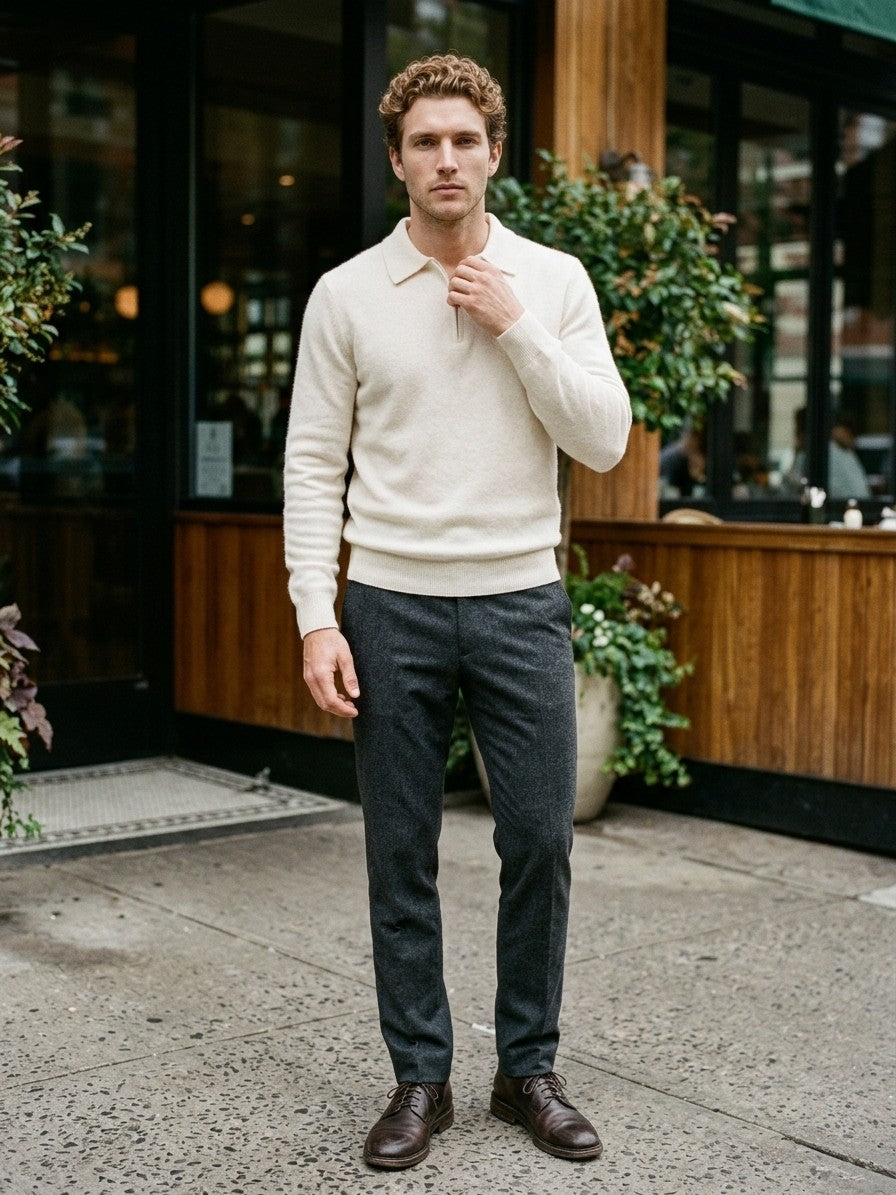 Varallo Men's Cashmere Zip-Neck Knit Polo — ivory — lifestyle