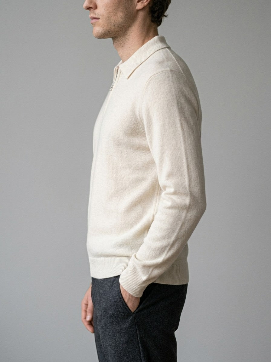 Varallo Men's Cashmere Zip-Neck Knit Polo — ivory — side