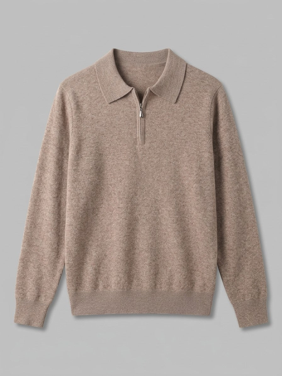 Varallo Men's Cashmere Zip-Neck Knit Polo — taupe — packshot