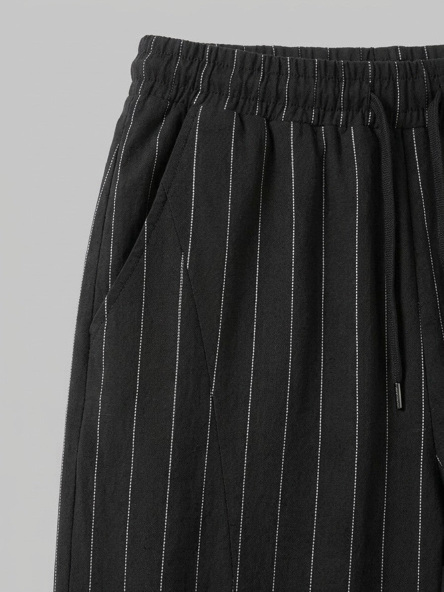 Varen Men's Pinstripe Drawstring Trousers — black — detail-2
