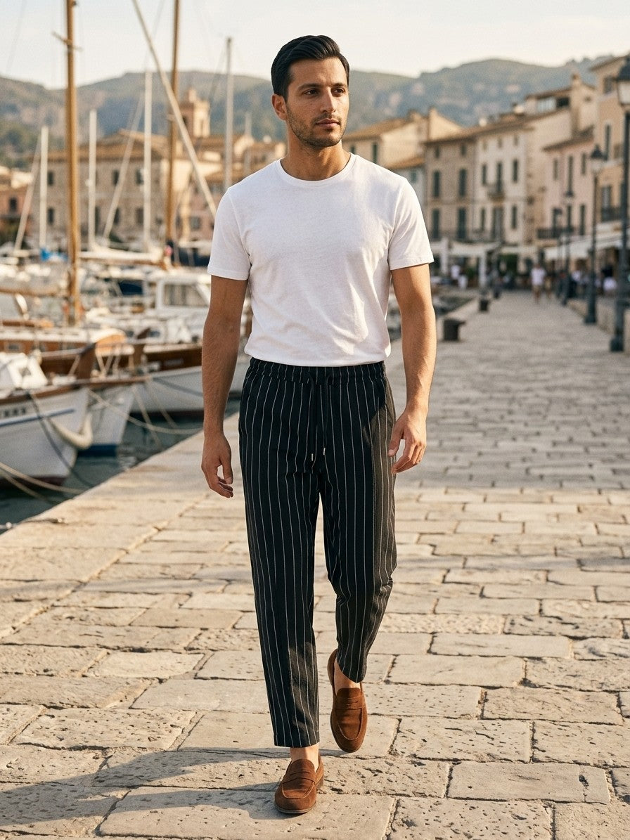Varen Men's Pinstripe Drawstring Trousers — black — lifestyle