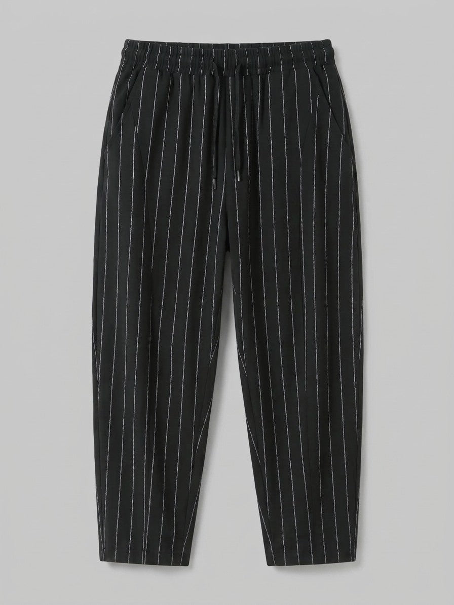 Varen Men's Pinstripe Drawstring Trousers — black — packshot