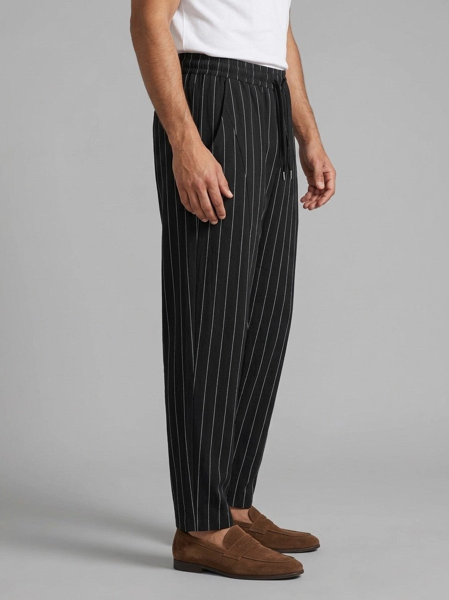 Varen Men's Pinstripe Drawstring Trousers — black — side