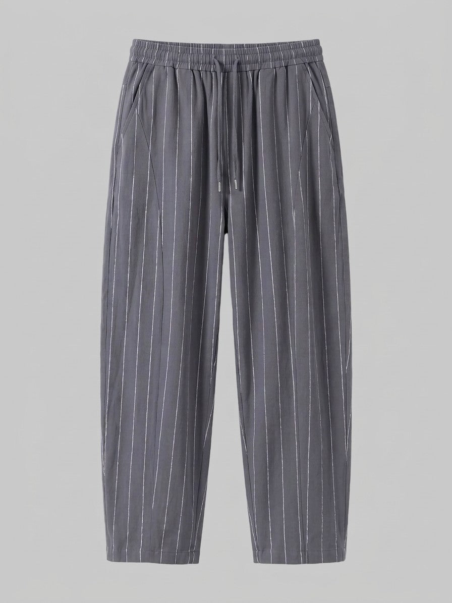Varen Men's Pinstripe Drawstring Trousers — gray — packshot