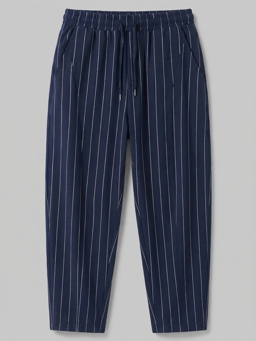 Varen Men's Pinstripe Drawstring Trousers — navy — packshot
