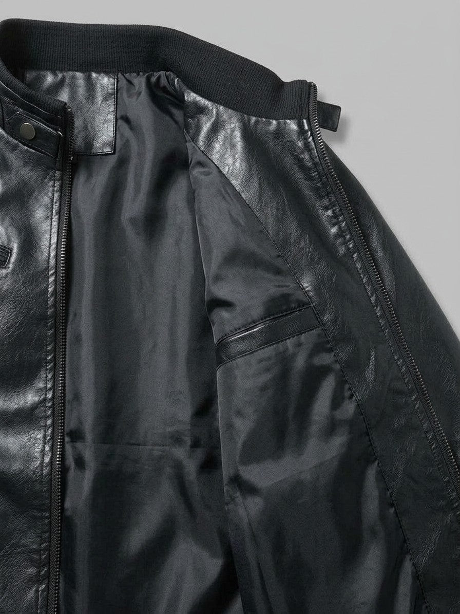 Varese Men's Zip-Up Leather-Look Moto Jacket — black — detail-2