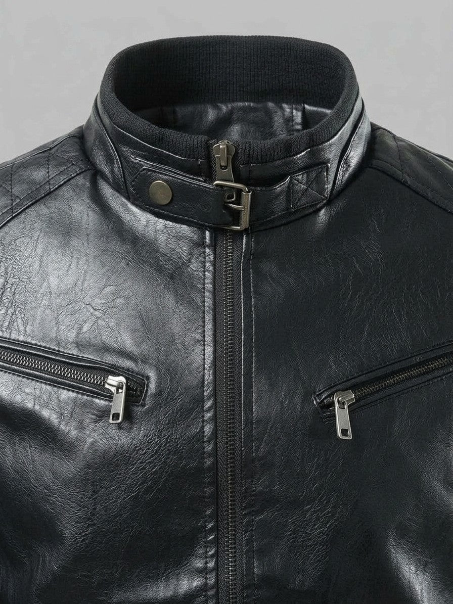 Varese Men's Zip-Up Leather-Look Moto Jacket — black — detail-collar