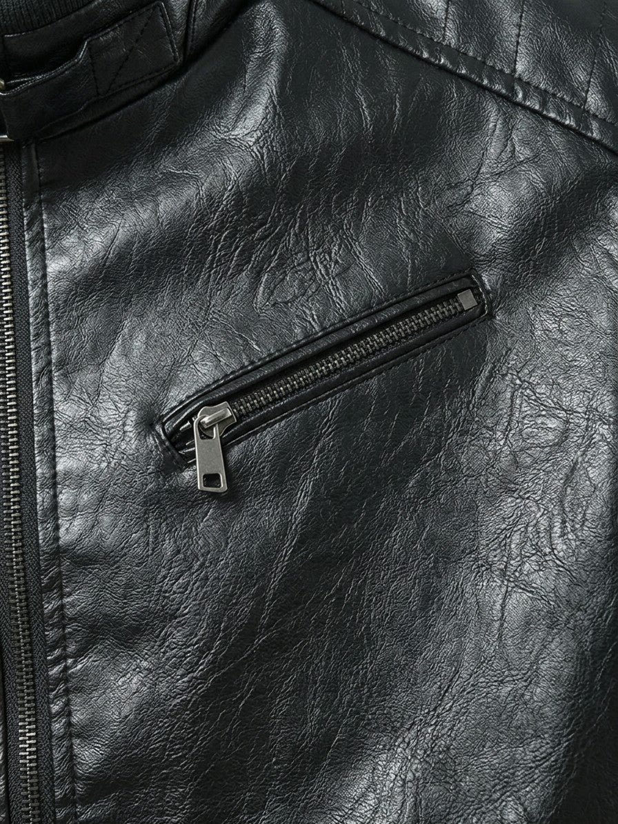 Varese Men's Zip-Up Leather-Look Moto Jacket — black — detail