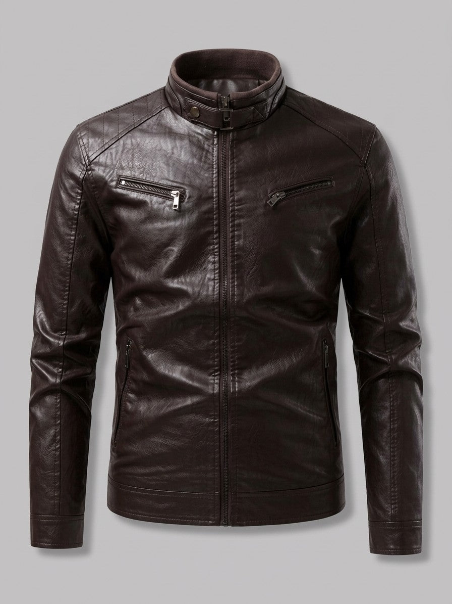 Varese Men's Zip-Up Leather-Look Moto Jacket — dbrown — packshot