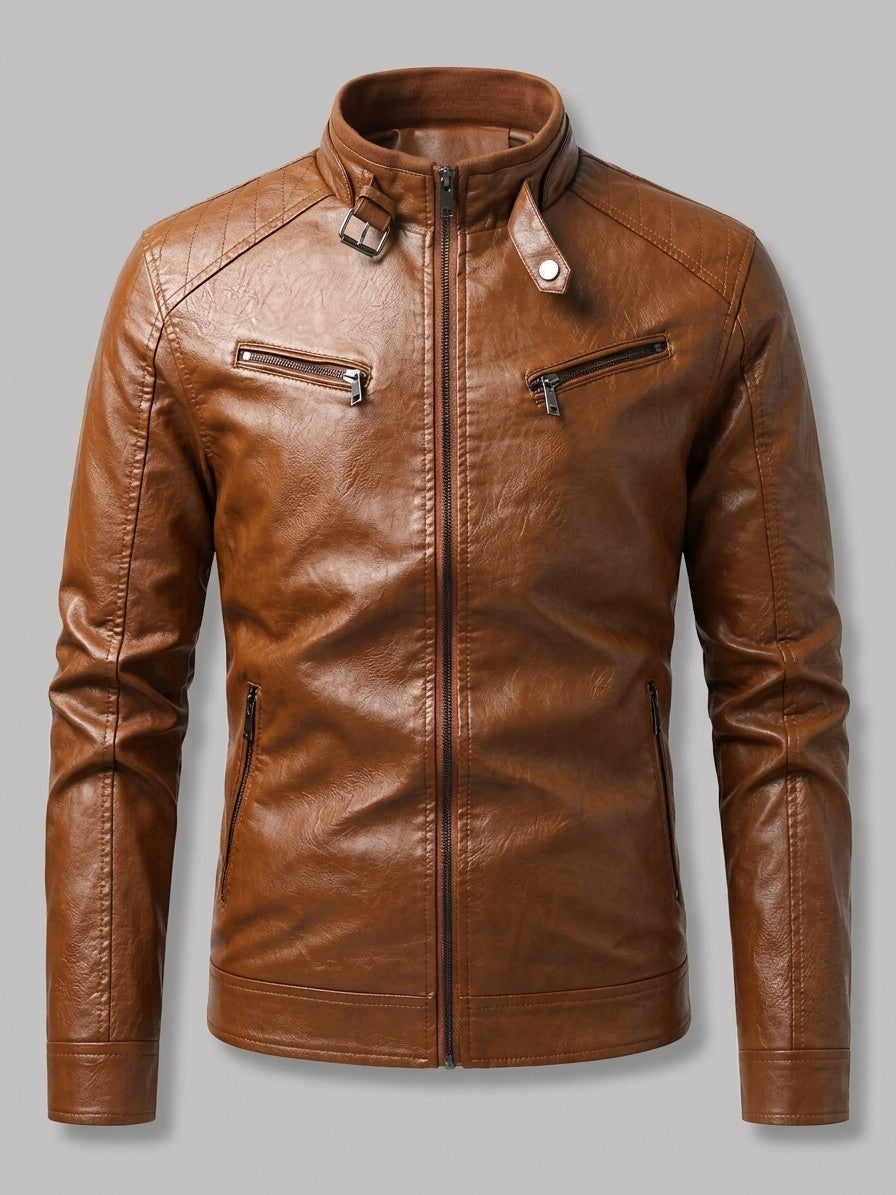 Varese Men's Zip-Up Leather-Look Moto Jacket — earthyyellow — packshot