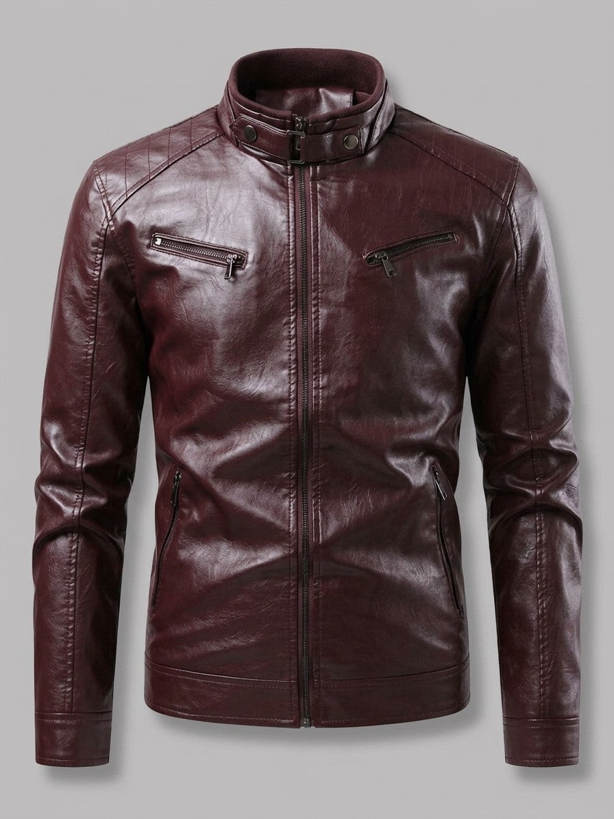 Varese Men's Zip-Up Leather-Look Moto Jacket — winered — packshot