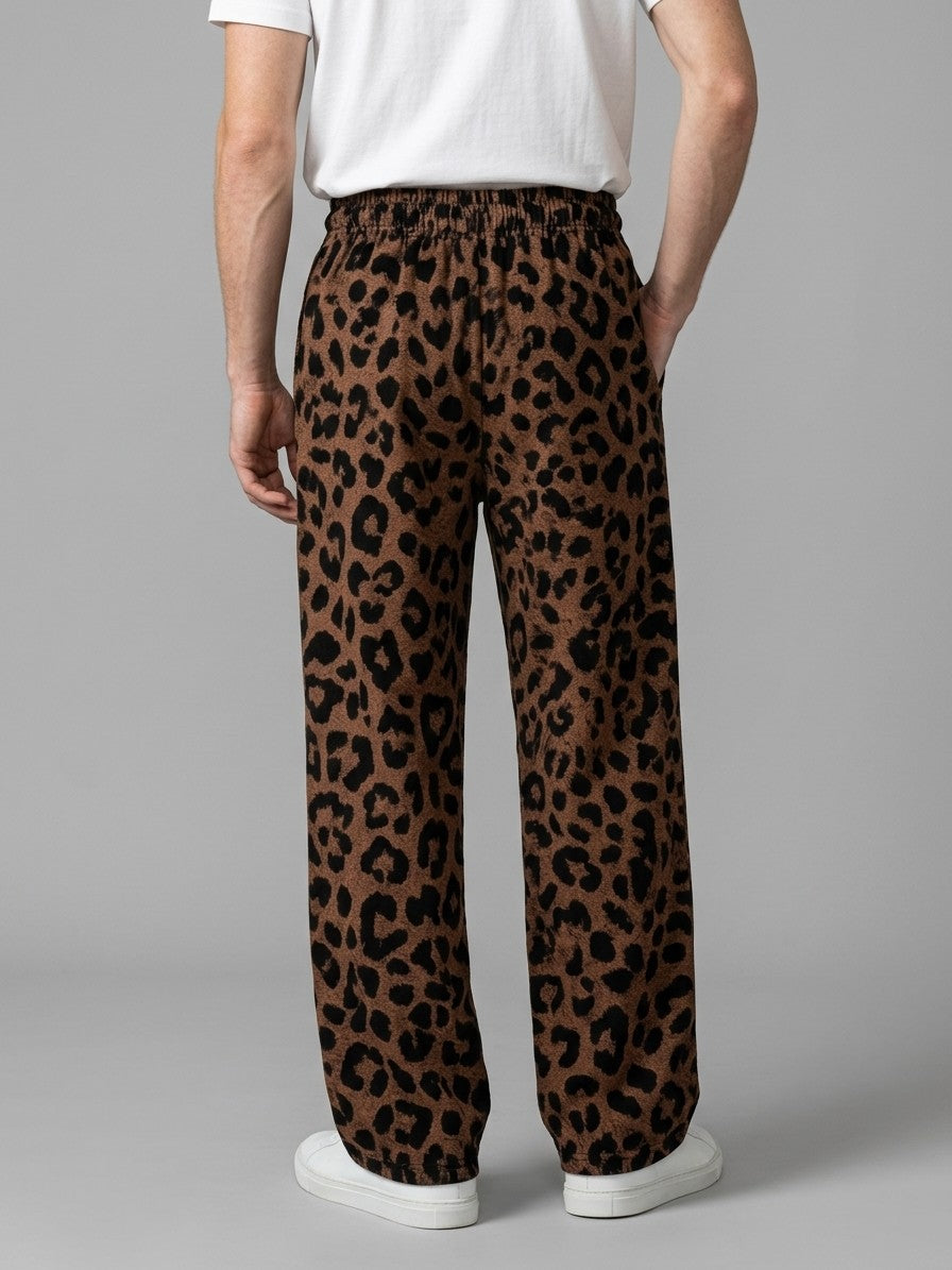 Varzi Men's Wide-Leg Leopard Print Trousers — brownleopard — back
