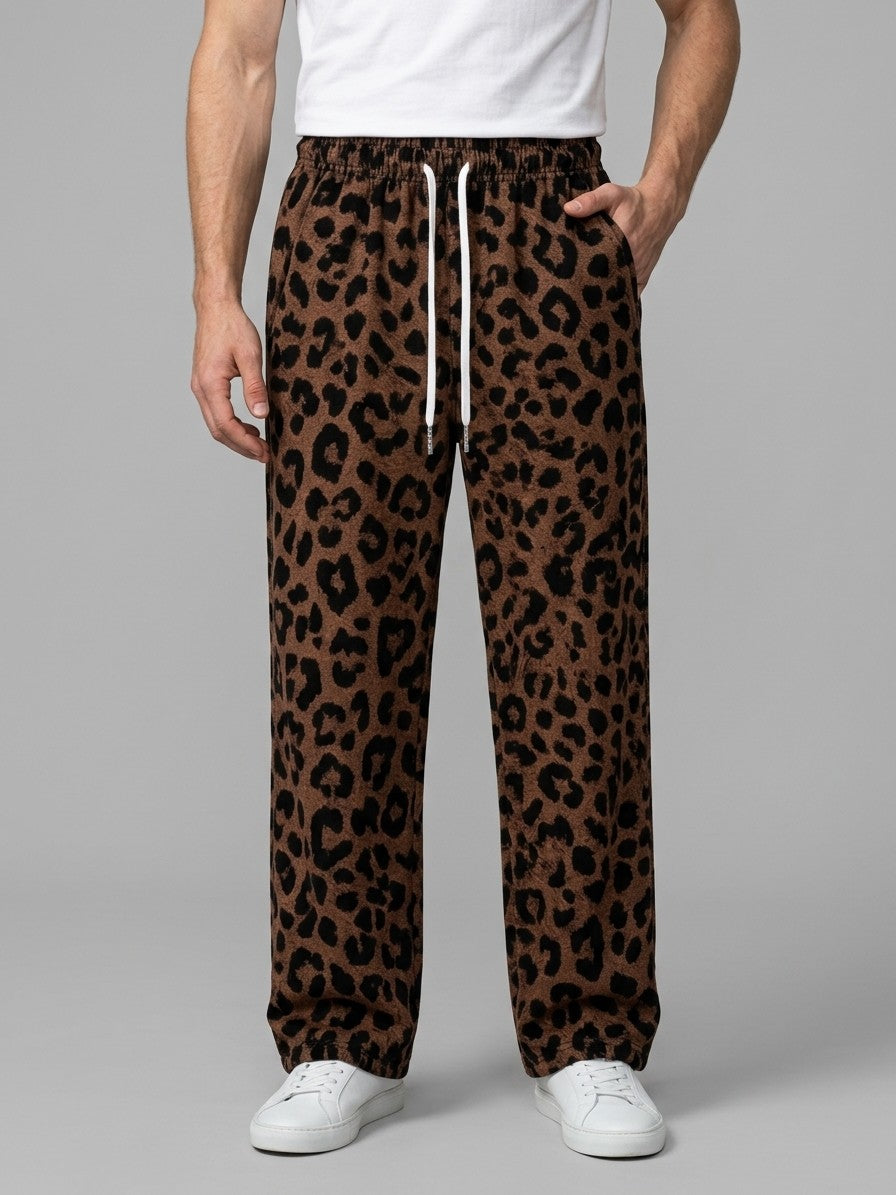 Varzi Men's Wide-Leg Leopard Print Trousers — brownleopard — front