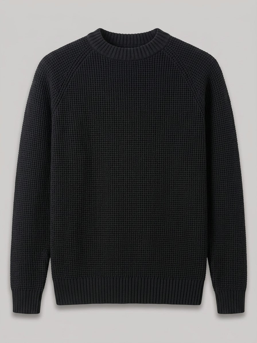 Vasto Men's Waffle Knit Crew Neck Sweater — black — packshot