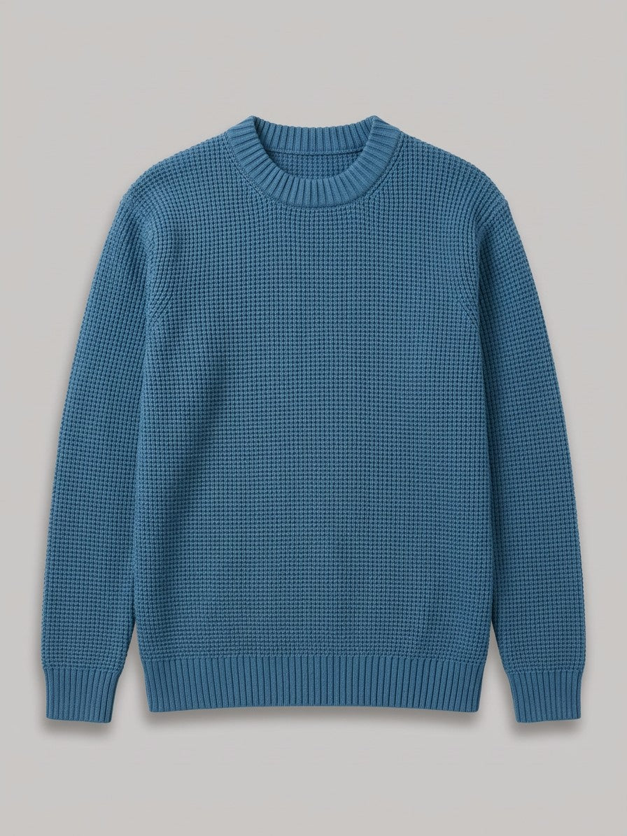 Vasto Men's Waffle Knit Crew Neck Sweater — denimblue — packshot
