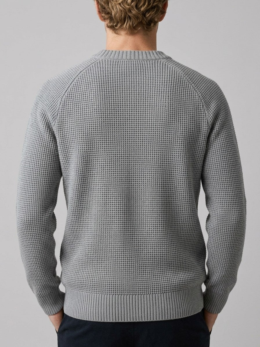 Vasto Men's Waffle Knit Crew Neck Sweater — melangegray — back