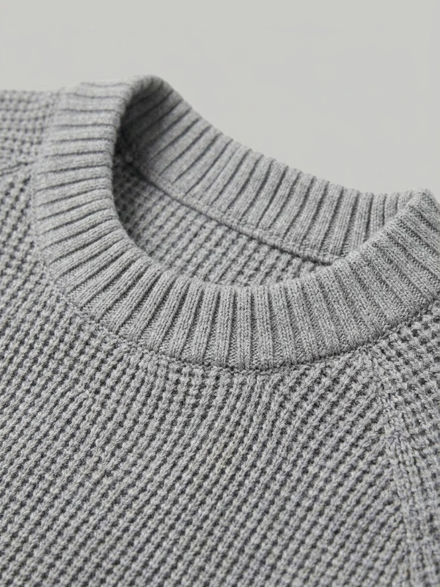 Vasto Men's Waffle Knit Crew Neck Sweater — melangegray — detail-collar