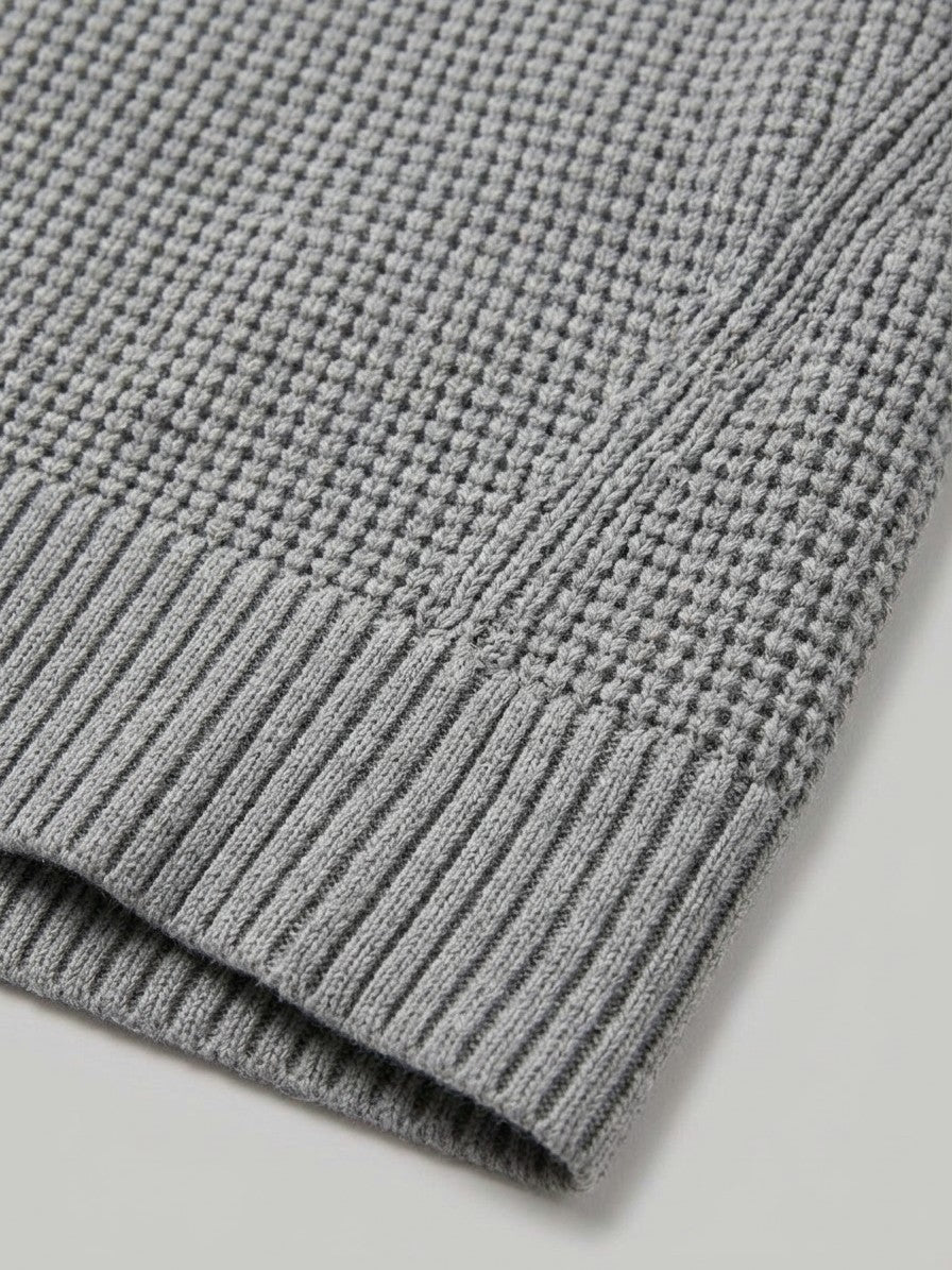 Vasto Men's Waffle Knit Crew Neck Sweater — melangegray — detail-hem