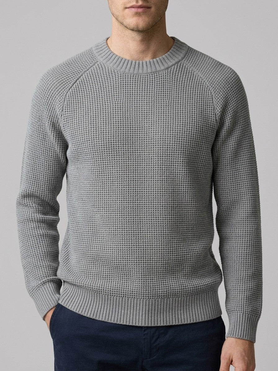 Vasto Men's Waffle Knit Crew Neck Sweater — melangegray — front