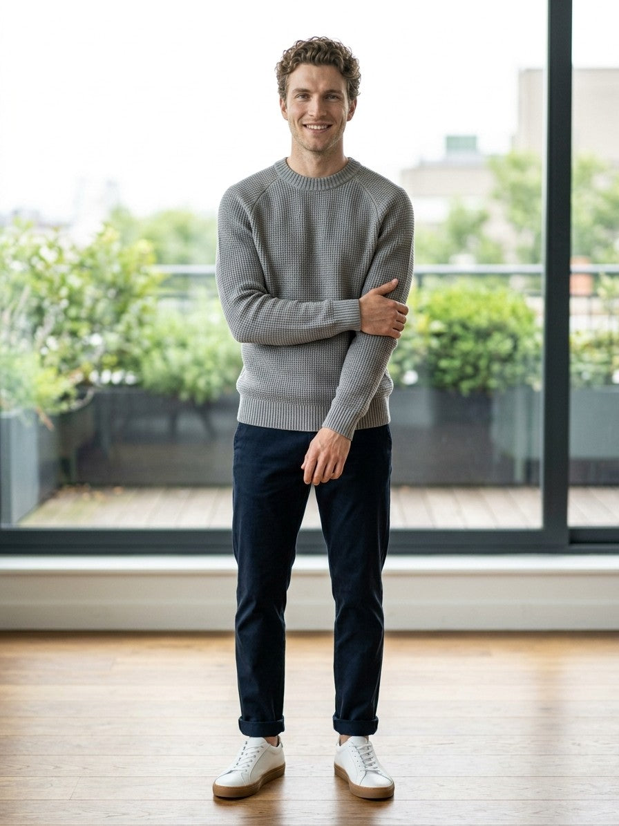 Vasto Men's Waffle Knit Crew Neck Sweater — melangegray — lifestyle
