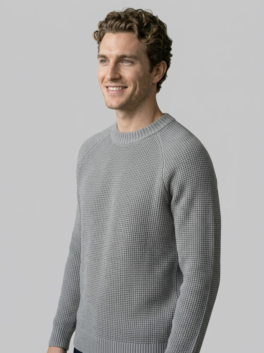 Vasto Men's Waffle Knit Crew Neck Sweater — melangegray — side