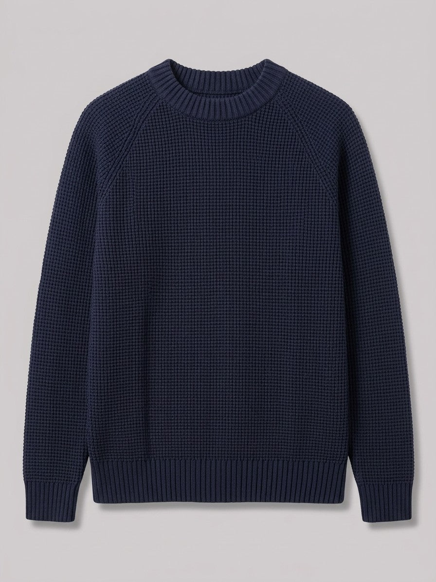 Vasto Men's Waffle Knit Crew Neck Sweater — navy — packshot