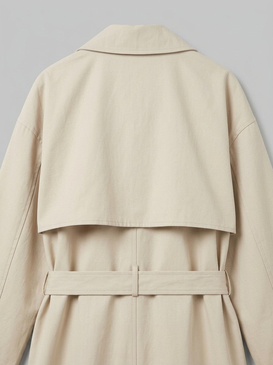Venafro Men's Oversized Belted Trench Coat — khaki — detail-collar