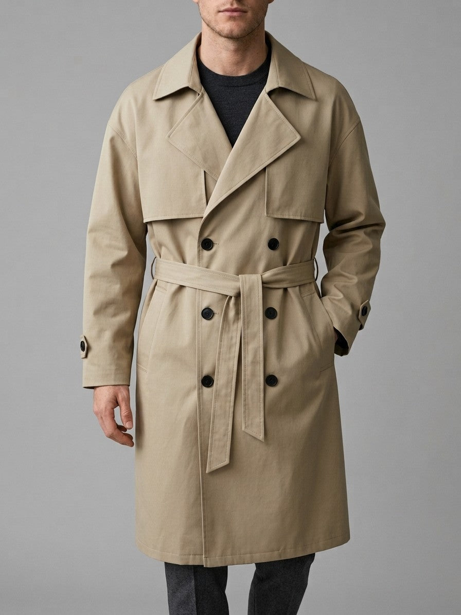 Venafro Men's Oversized Belted Trench Coat — khaki — front