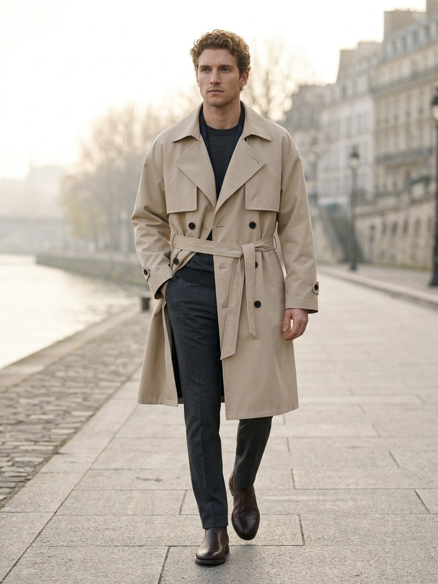 Venafro Men's Oversized Belted Trench Coat — khaki — lifestyle
