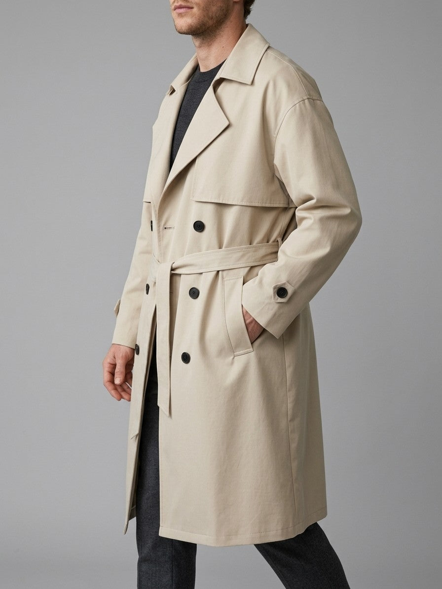 Venafro Men's Oversized Belted Trench Coat — khaki — side