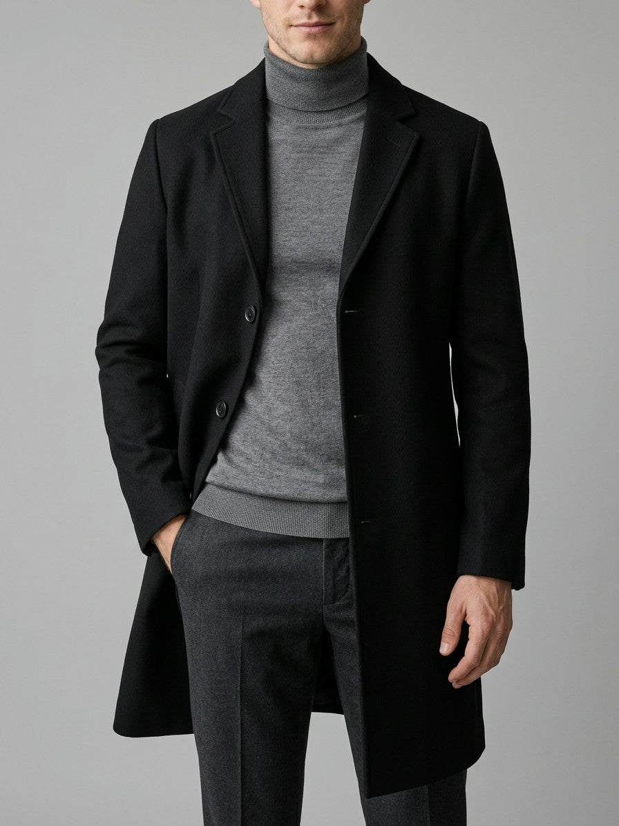 Venezia Men's Slim-Fit Lapel Overcoat — black — front
