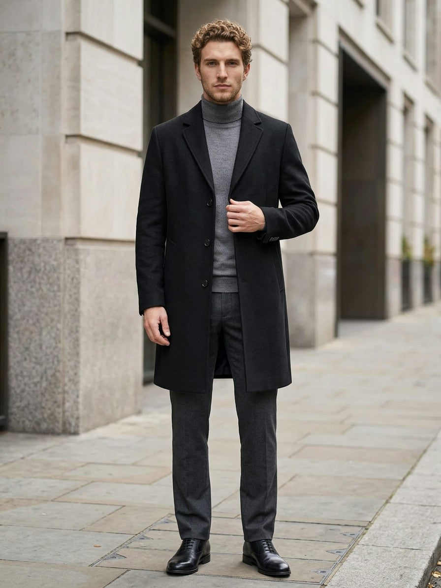 Venezia Men's Slim-Fit Lapel Overcoat — black — lifestyle