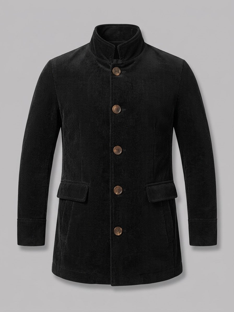 Venosa Men's Stand Collar Corduroy Car Coat — black — packshot