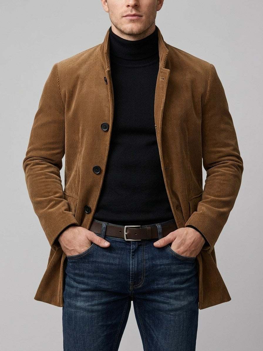 Venosa Men's Stand Collar Corduroy Car Coat — camel — front