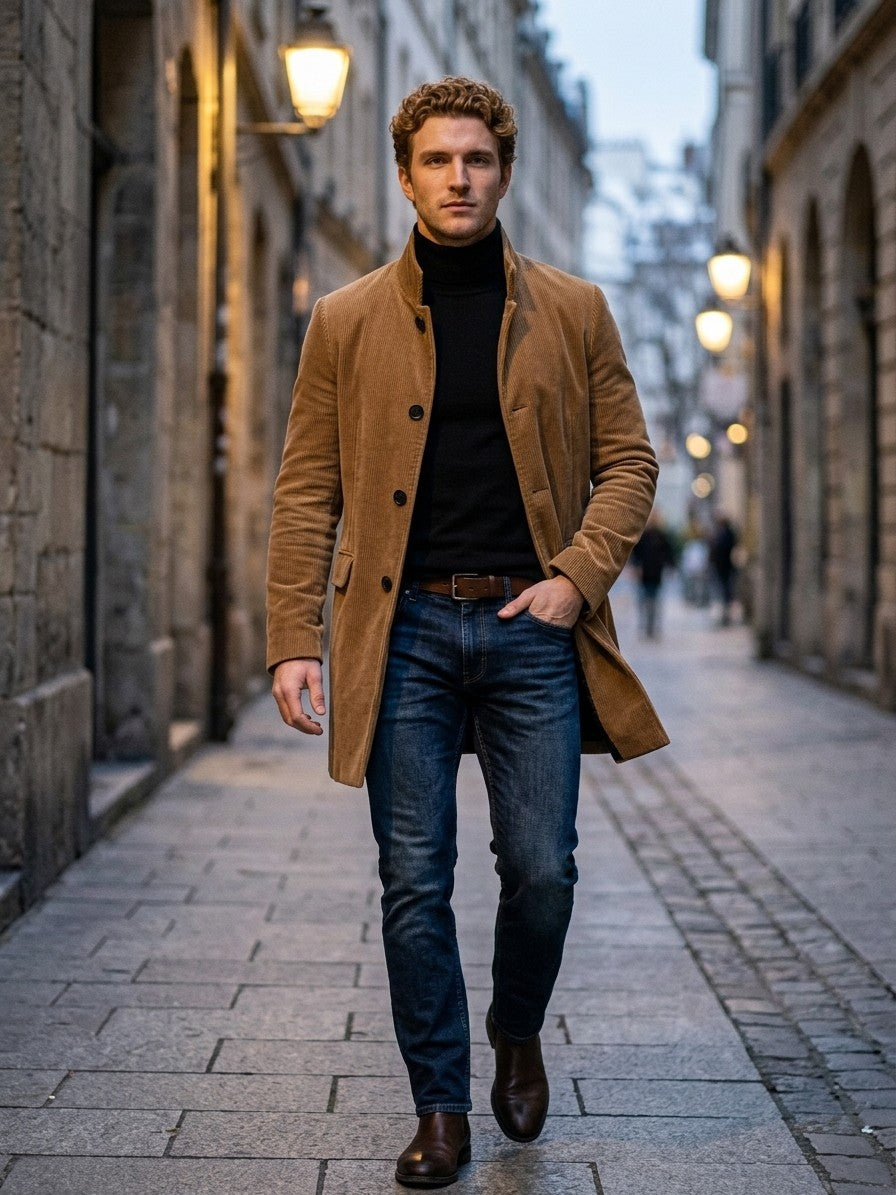 Venosa Men's Stand Collar Corduroy Car Coat — camel — lifestyle