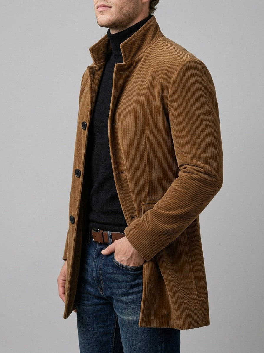 Venosa Men's Stand Collar Corduroy Car Coat — camel — side