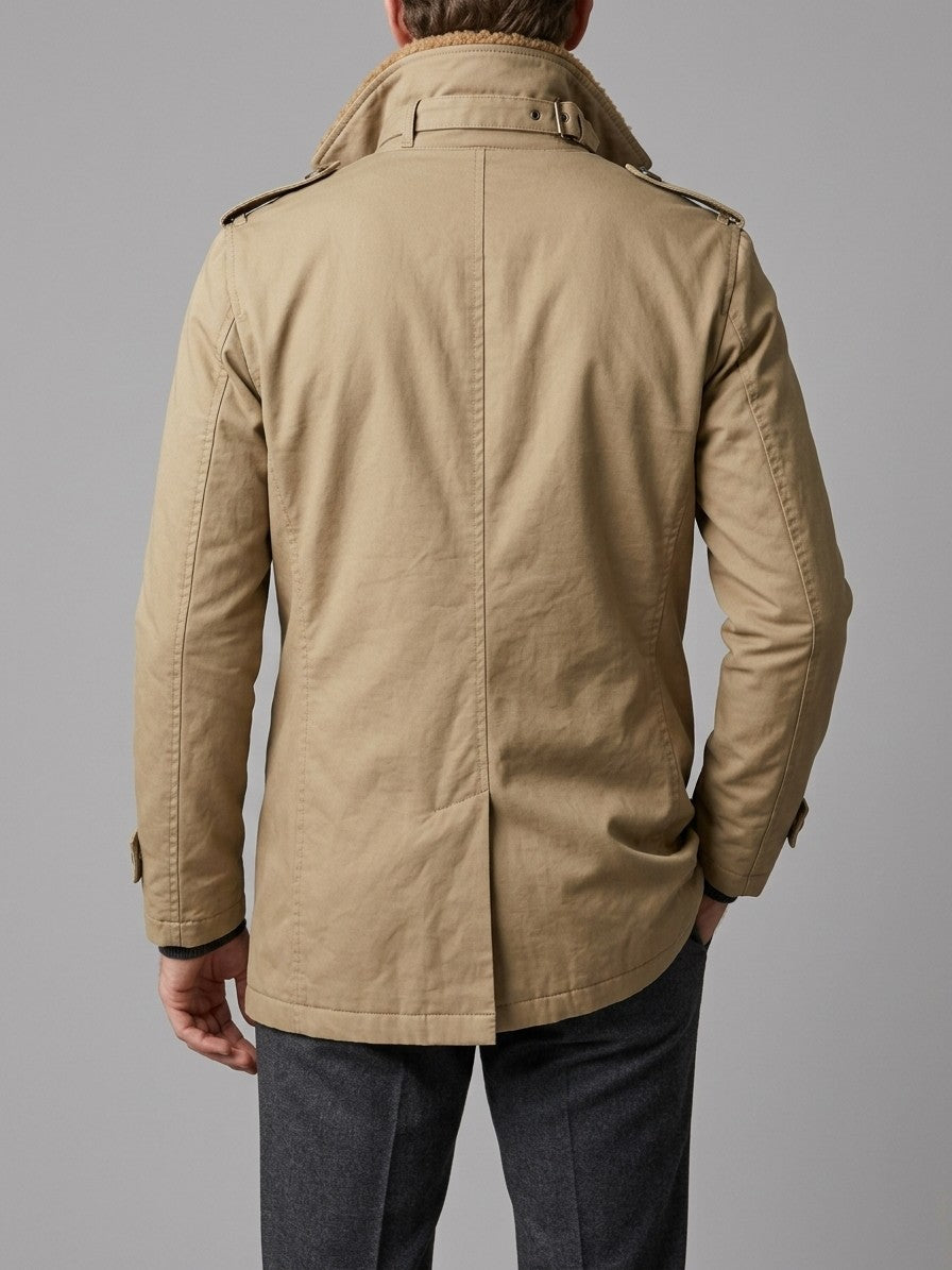 Ventimiglia Men's Sherpa-Lined Short Trench Coat — khaki — back