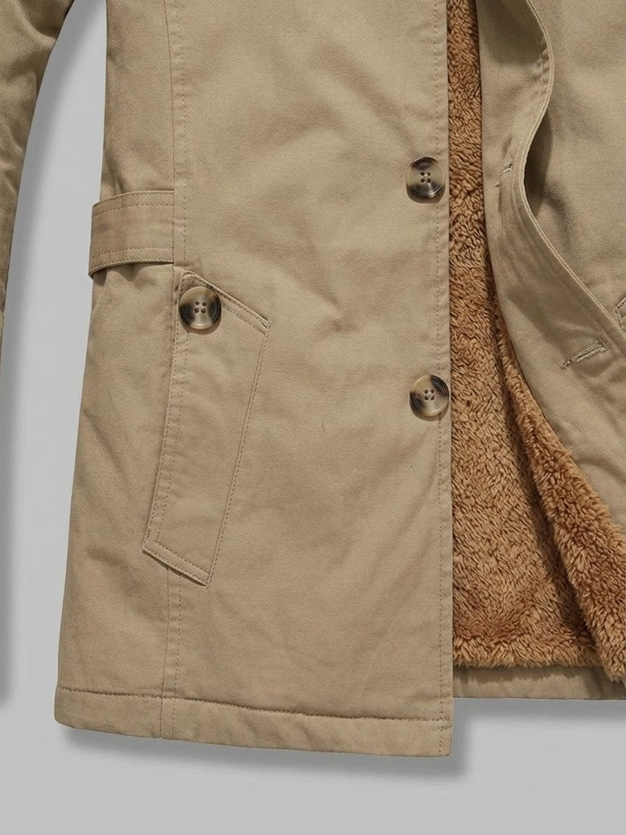 Ventimiglia Men's Sherpa-Lined Short Trench Coat — khaki — detail-collar