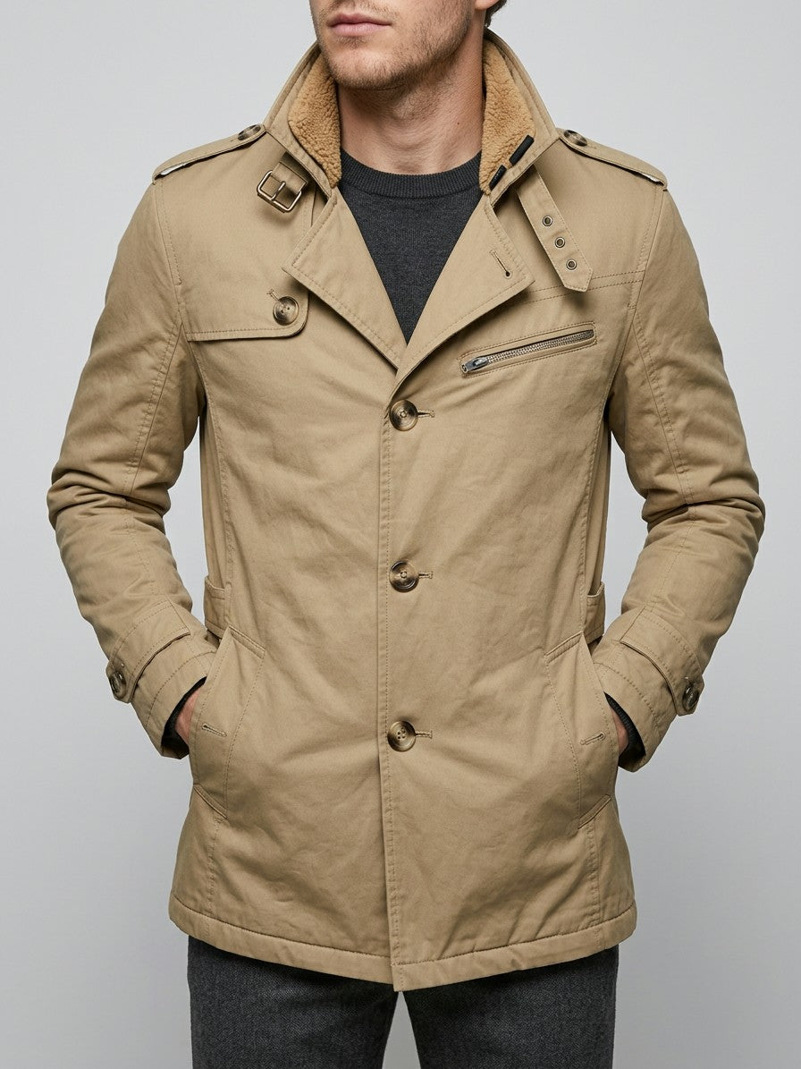 Ventimiglia Men's Sherpa-Lined Short Trench Coat — khaki — front