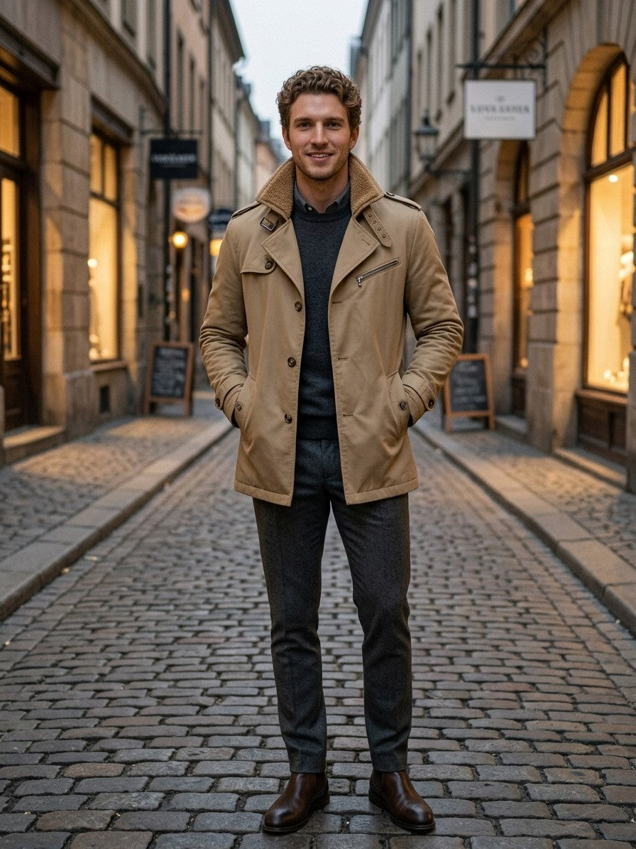 Ventimiglia Men's Sherpa-Lined Short Trench Coat — khaki — lifestyle