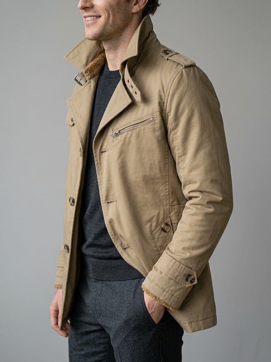 Ventimiglia Men's Sherpa-Lined Short Trench Coat — khaki — side