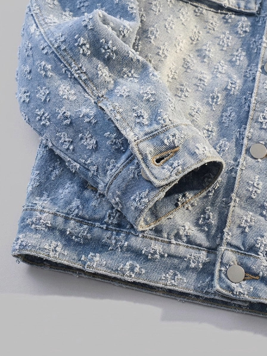 Venzone Men's Tufted Jacquard Denim Trucker Jacket — lightblue — detail-collar
