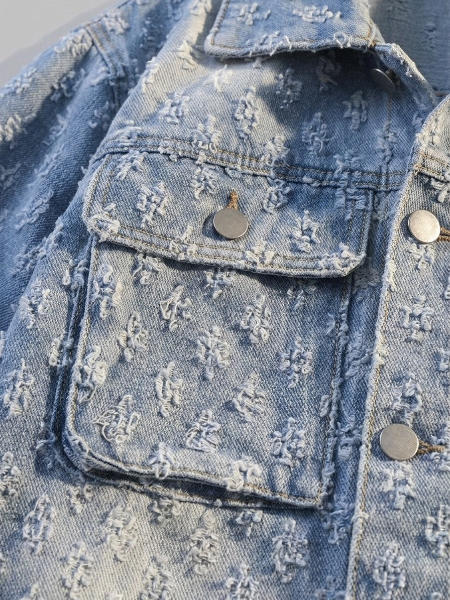 Venzone Men's Tufted Jacquard Denim Trucker Jacket — lightblue — detail