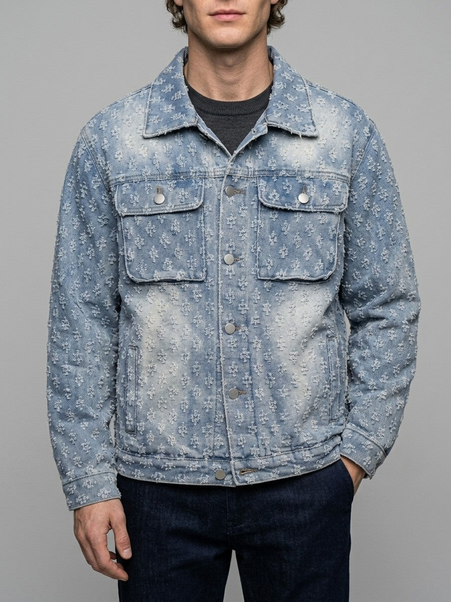 Venzone Men's Tufted Jacquard Denim Trucker Jacket — lightblue — front