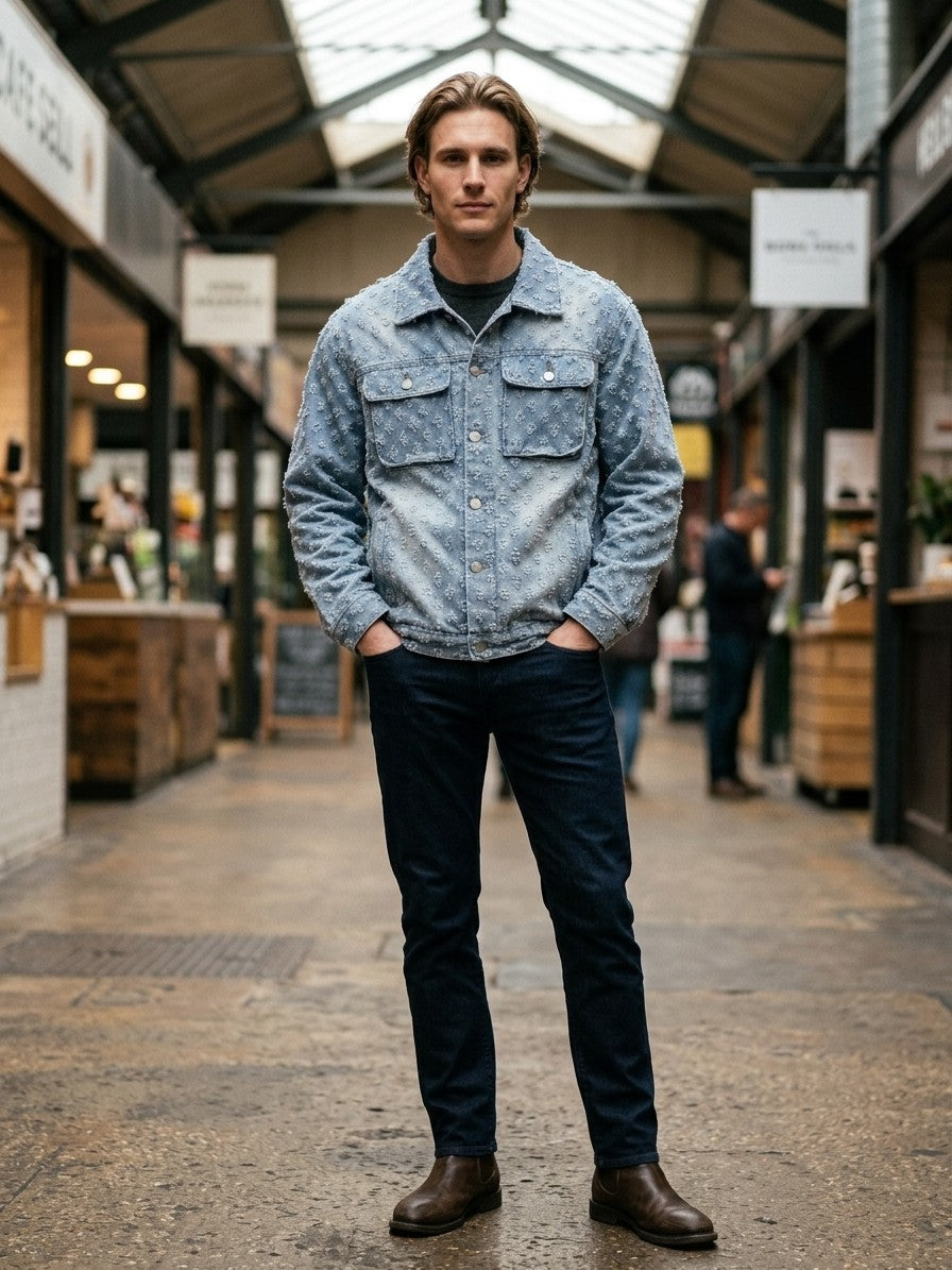 Venzone Men's Tufted Jacquard Denim Trucker Jacket — lightblue — lifestyle