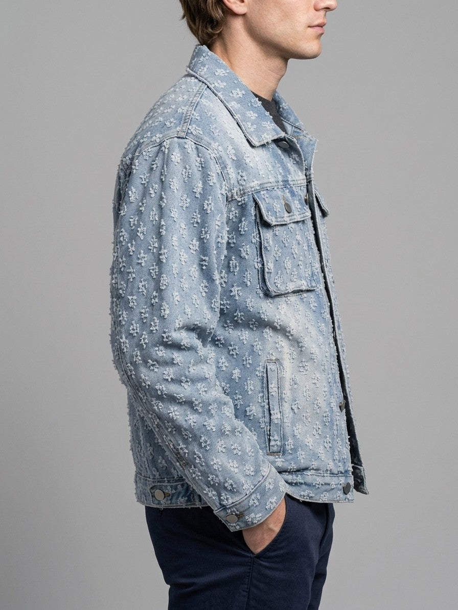 Venzone Men's Tufted Jacquard Denim Trucker Jacket — lightblue — side