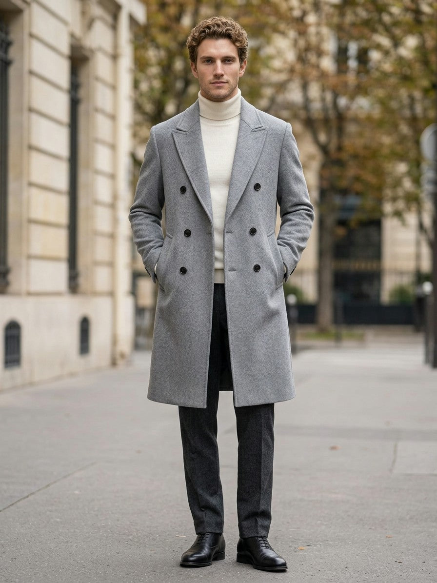 Vercelli Men's Double-Breasted Wool-Blend Overcoat — gray — lifestyle